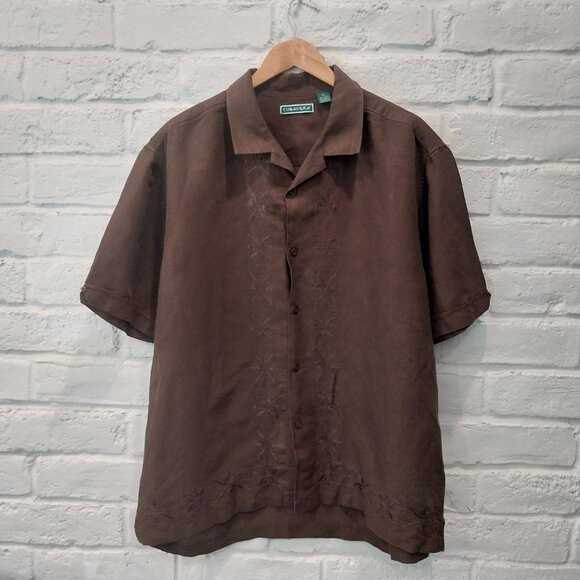 Cubavera Linen Blend Button-Up Shirt Mens XL Brown Embroidered Short Sleeve. Ple - Picture 4 of 13